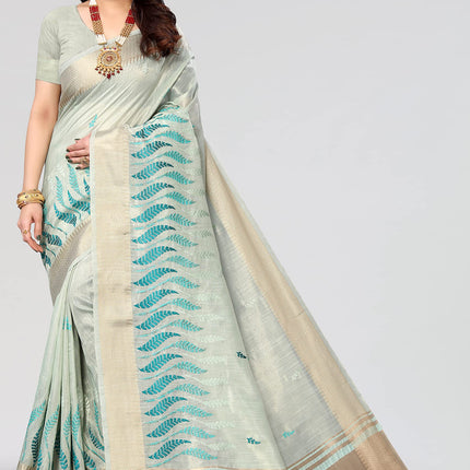 Swadeshi World Women's Cotton Blend Thread Embroidery Saree With Blouse Piece