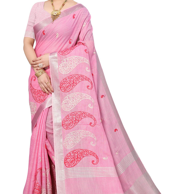 SWADESHI WORLD Women's Linen Cotton Woven Embroidery Traditional Saree