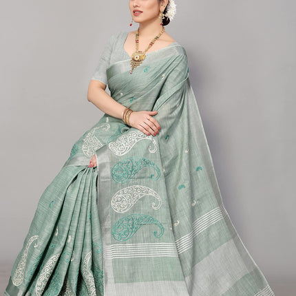 SWADESHI WORLD Women's Linen Cotton Woven Embroidery Traditional Saree