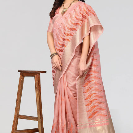 Swadeshi World Women's Cotton Blend Thread Embroidery Saree With Blouse Piece