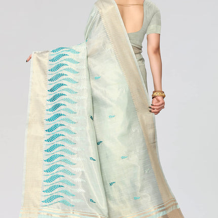 Swadeshi World Women's Cotton Blend Thread Embroidery Saree With Blouse Piece