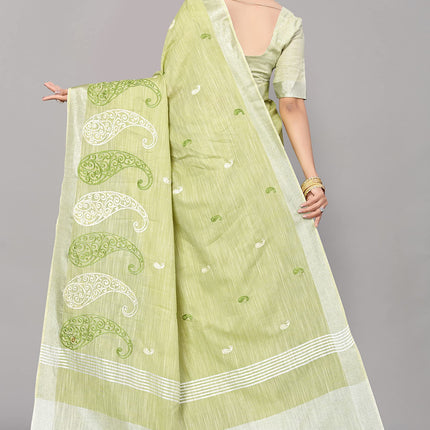 SWADESHI WORLD Women's Linen Cotton Woven Embroidery Traditional Saree