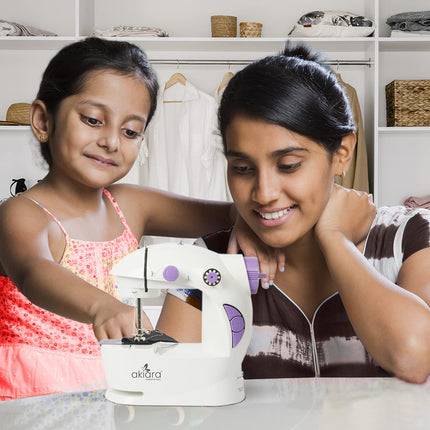 Swadeshi World Mini Sewing Machine with Table Set  Hand Sewing Machine with extension table, foot pedal, adapter, White