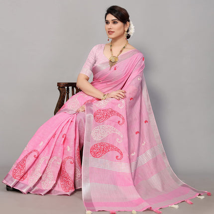SWADESHI WORLD Women's Linen Cotton Woven Embroidery Traditional Saree