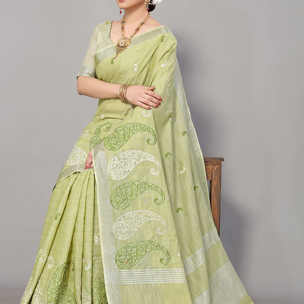 SWADESHI WORLD Women's Linen Cotton Woven Embroidery Traditional Saree