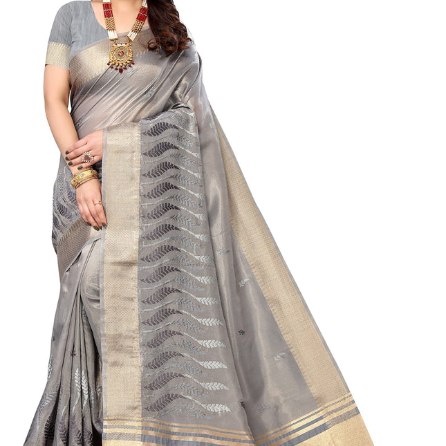 Swadeshi World Women's Cotton Blend Thread Embroidery Saree With Blouse Piece