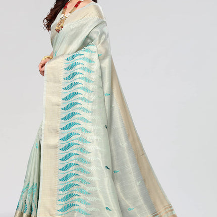 Swadeshi World Women's Cotton Blend Thread Embroidery Saree With Blouse Piece