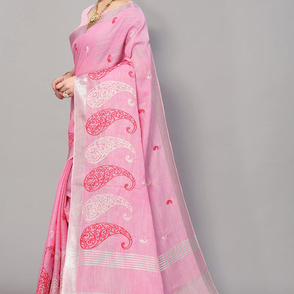 SWADESHI WORLD Women's Linen Cotton Woven Embroidery Traditional Saree