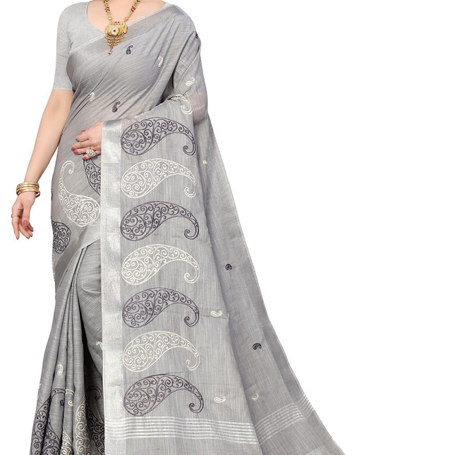 SWADESHI WORLD Women's Linen Cotton Woven Embroidery Traditional Saree