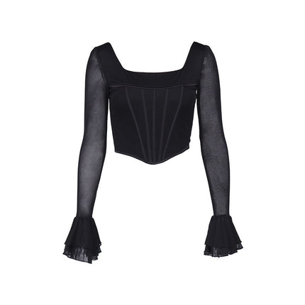 Swadeshi Fishbone Square Neck Flared Sleeve T-shirt Cropped Top Transparent Sleeves