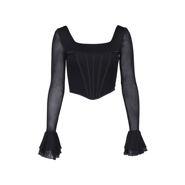 Swadeshi Fishbone Square Neck Flared Sleeve T-shirt Cropped Top Transparent Sleeves