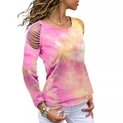 Swadeshi World Tie Dye Ripped Floral Off The Shoulder Long Sleeve Bollywood T-shirt