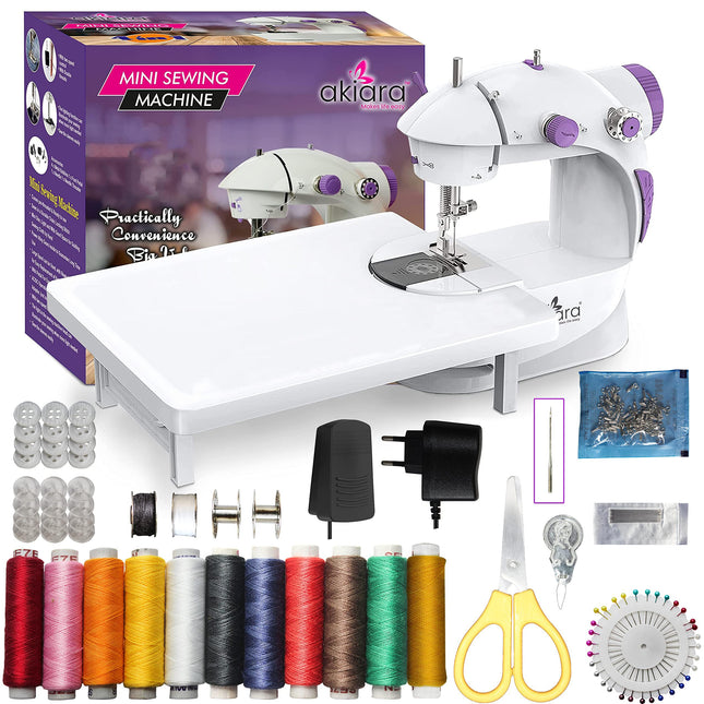 Swadeshi World Mini Sewing Machine with Table Set  Hand Sewing Machine with extension table, foot pedal, adapter, White