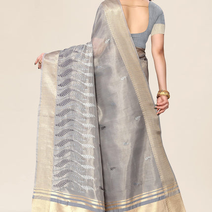 Swadeshi World Women's Cotton Blend Thread Embroidery Saree With Blouse Piece