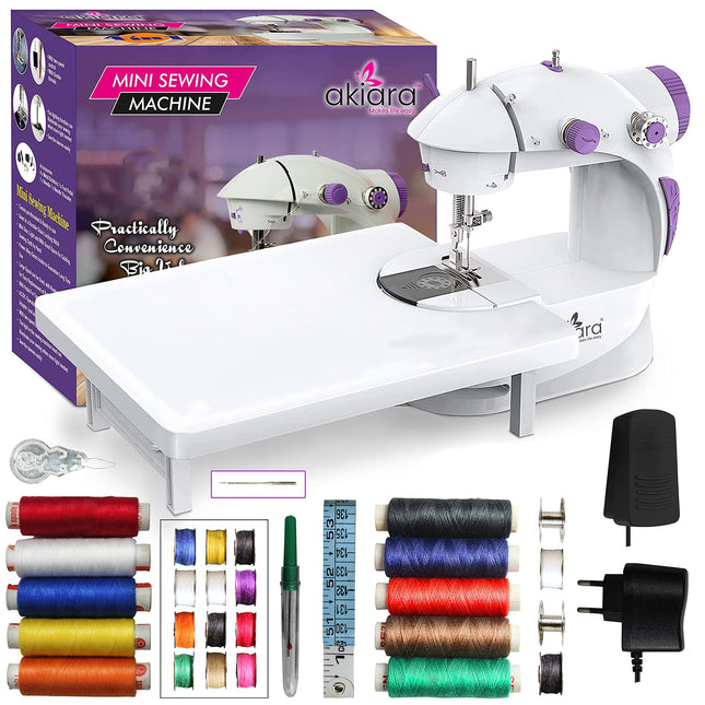 Swadeshi World Mini Sewing Machine with Table Set  Hand Sewing Machine with extension table, foot pedal, adapter, White
