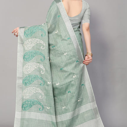 SWADESHI WORLD Women's Linen Cotton Woven Embroidery Traditional Saree