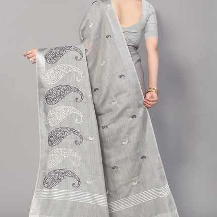 SWADESHI WORLD Women's Linen Cotton Woven Embroidery Traditional Saree