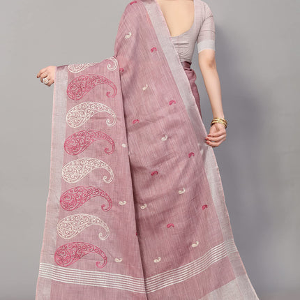 SWADESHI WORLD Women's Linen Cotton Woven Embroidery Traditional Saree