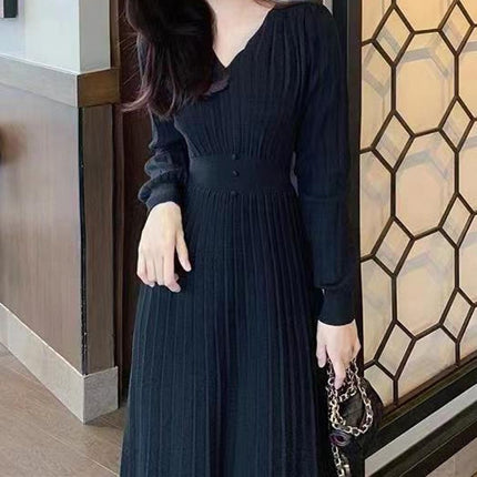 High-waisted Dress With V-neck Long Sleeve For Women
