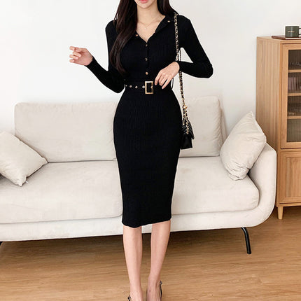 Turtleneck Slim-fit Long-sleeve Knitted Bodycon Dress With Belt For Women