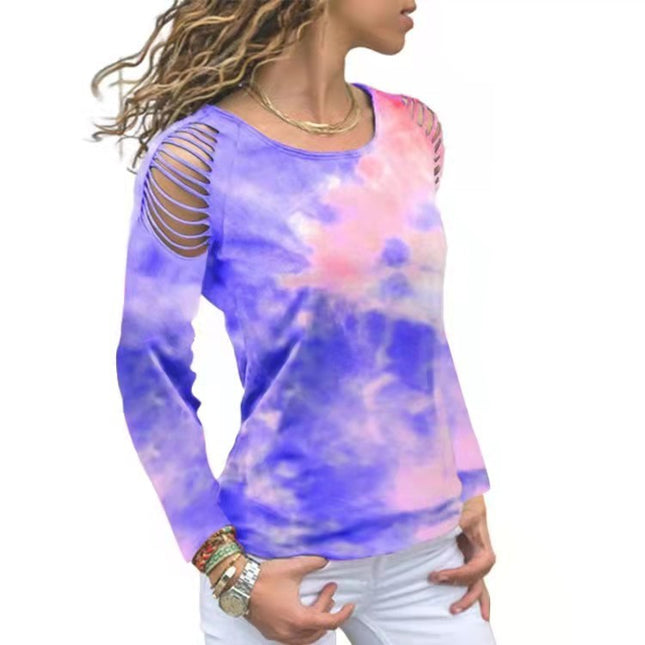 Swadeshi World Tie Dye Ripped Floral Off The Shoulder Long Sleeve Bollywood T-shirt