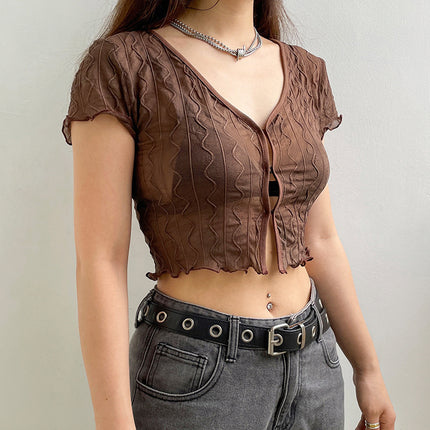Swadeshi World Sexy V neck Hollow Ladies T-shirt | Ladies Top - Brown