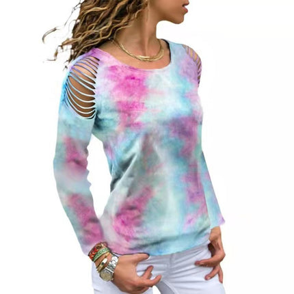 Swadeshi World Tie Dye Ripped Floral Off The Shoulder Long Sleeve Bollywood T-shirt