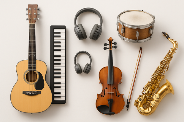 Musical Instruments and head phones in Light background